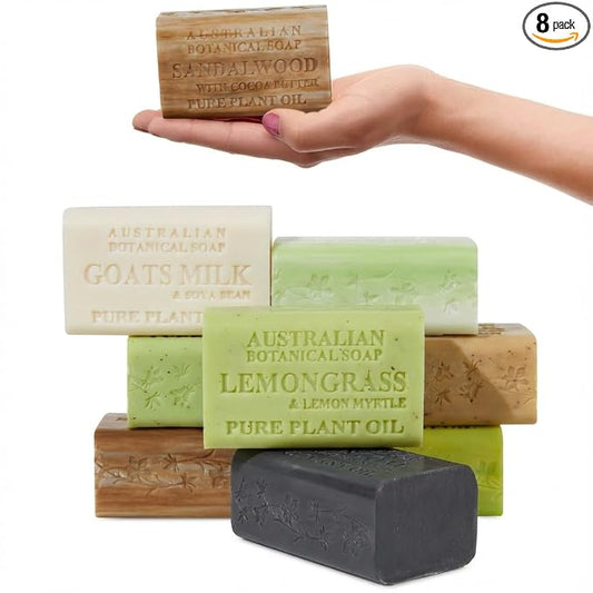 Australian Botanical Soap Variety Pack, 6.6 oz Bars – Goat Milk, Eucalyptus, Sandalwood, Coconut, Lemongrass, Aloe, Tea Tree, Charcoal – Enriched with Organic Shea Butter, Pack of 8