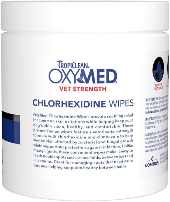 TropiClean OxyMed Chlorhexidine Dog Wipes, Gentle & Effective Dog Skin Irritation Treatment, Cleaning & Deodorizing Chlorhexidine Wipes, Cat Friendly, 100 Count