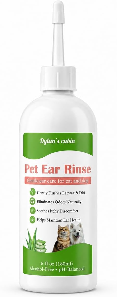 Dylan's cabin Cat Ear Cleaner Wash - 180ml pH-Balanced Pet Ear Rinse for Dogs Cats,Gently Removes Ear Wax, Dirt Odor, Daily Gentle Ear Wash Solution