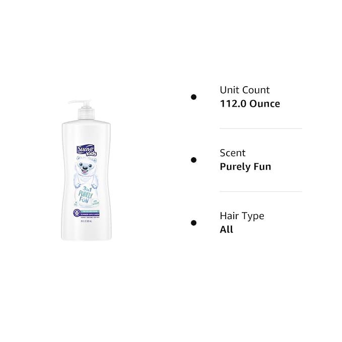 Suave Kids 3-in-1 Shampoo Conditioner Body Wash Purely Fun Makes Bath Time Quick and Easy, Paraben Free and Dermatologist Tested Kids Shampoo 3 in 1 Formula 28 Fl Oz (Pack of 4)