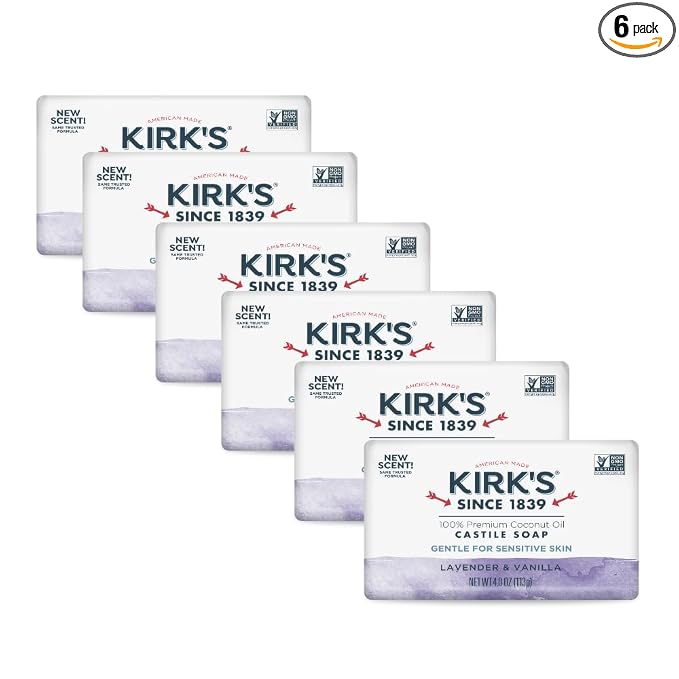 Kirk's Castile Bar Soap, Lavender & Vanilla - Clinically Tested, Safe for Sensitive Skin with Coconut Oil, Vegan and Non-GMO - 4 oz Bars, 6 Pack