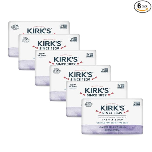 Kirk's Castile Bar Soap, Lavender & Vanilla - Clinically Tested, Safe for Sensitive Skin with Coconut Oil, Vegan and Non-GMO - 4 oz Bars, 6 Pack