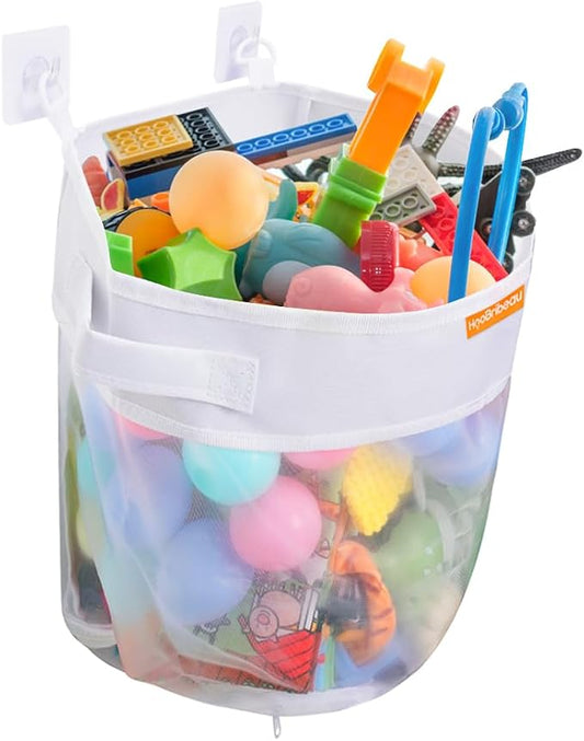Bath Toy Organizer with Quick Release Zipper, Large Mesh Baby Bath Toy Storage Bag, Wall-Mounted Foldable Bathroom Organizer for Bathtub Toys, Fast Drying Holder with Adhesive Hooks