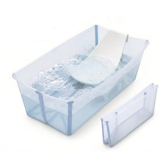 Stokke Flexi Bath Bundle, Ocean Blue - Foldable Baby Bathtub + Newborn Support - Durable & Easy to Store - Convenient to Use at Home or Traveling - Best for Newborns & Babies Up to 48 Months