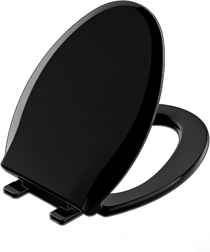 Black Toilet Seat Elongated, 18.5 x 14.2 Inch, Slow Close, Bottom-Mount Design, Fits 2-Piece Toilets, Durable & Easy to Install, PP Material Safe and Durable