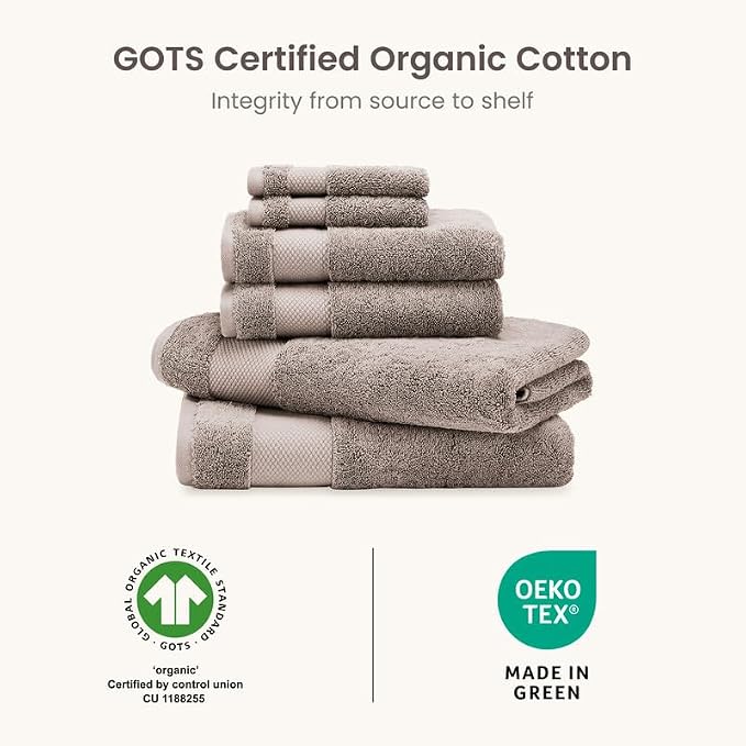 BIOWEAVES 100% Organic Cotton 700 GSM Plush 6-Piece Premium Towel Set GOTS Certified, 2 Bath Towels, 2 Hand Towels & 2 Washcloths - Taupe