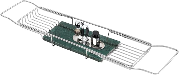 Stainless Steel Bathtub Tray, 44.09 lbs Capacity Bath Caddy, Modern Green Marble Bathtub Tray, Expandable Tool for Bathroom, Kitchen & Hotel, Adjustable 26.77-35.5in(Silver+Green)