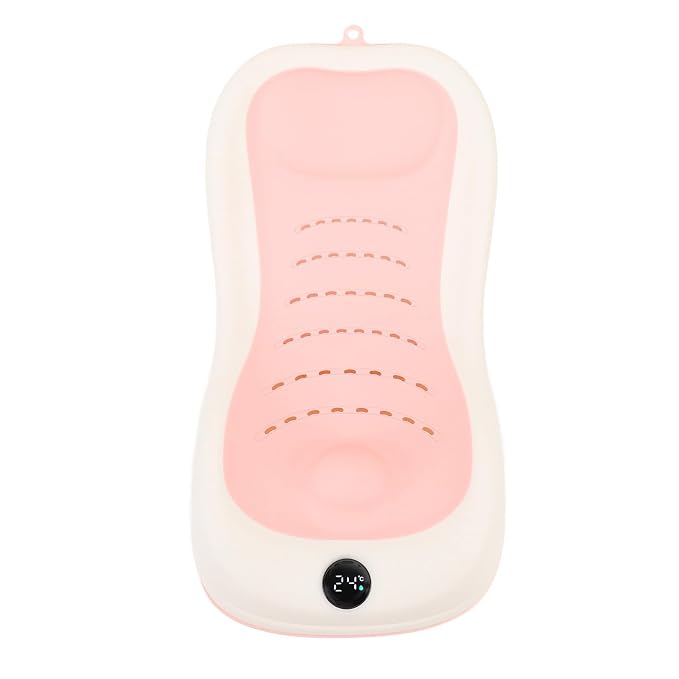 Asixxsix Baby Bath Support, Smart Temperature Sensing Non Slip Baby Bath Seat, Foldable Newborn Bathtub with Thermometer for Newborns Infants Toddlers (Pink)