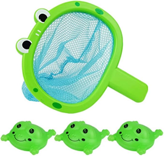 Baby Bath Toys 1 Pcs Frog Animals Fishing Net with 3 Pcs Water Floating Sea Animals Frog Toys, Bathroom Pool Water Floating Accessory Duck Crab Frog Fishing Play Set for Toddlers