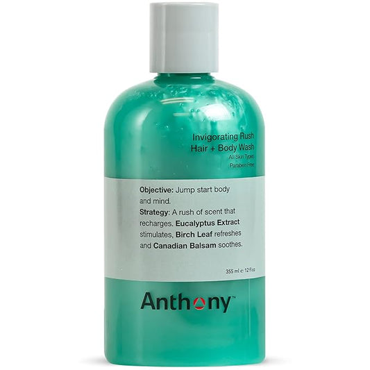 Anthony Invigorating Rush Men's 3 in 1 Shampoo Conditioner Body Wash, Hydrating Shampoo and Body Wash with Charcoal, Eucalyptus, Birch Leaf, Sea Kelp & Canadian Balsam, 12 Fl Oz