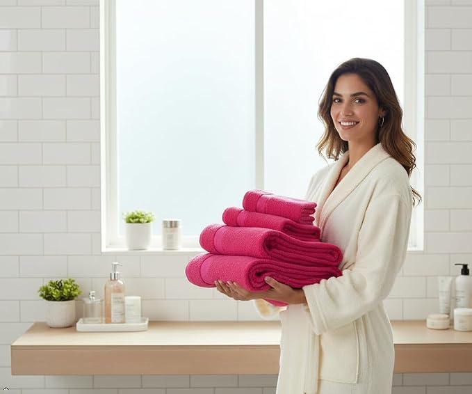 Bath Towels Set -100% Cotton - 2 Bath, 2 Hand & 2 Washcloths - Large, Thick, Fluffy, Absorbent, Quick Dry, Soft & Plush - 6 Piece Luxury Bathroom Towels - Hot Pink/Dark Pink/Fuchsia