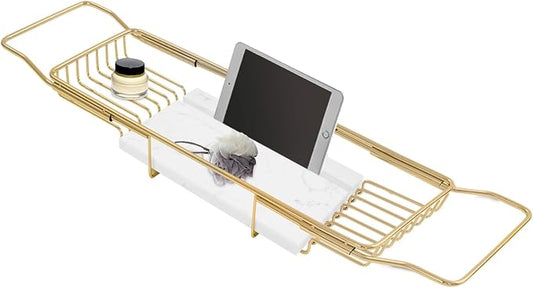 Expandable Bathtub Tray – 26.77" to 35.43" Adjustable Bathtub Caddy | with Natural Marble Board, Raised Guardrails, Tablet/Phone Stand – Home Spa Accessory for Bath, Holds 44 lbs (Gold + White)