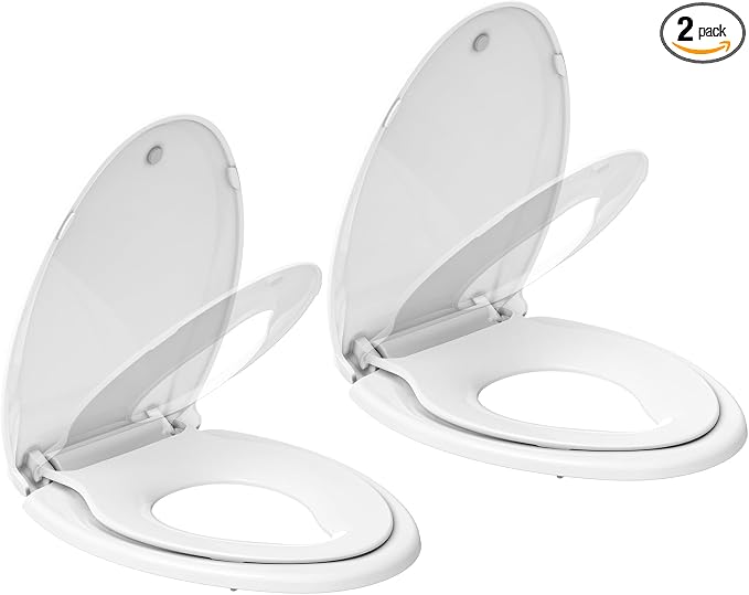 Elongated Toilet Seat, Toilet Seat Set with Built-In Potty Training Seat for Toddlers, Quiet Close Hinges, Safe PP Material, Easy Install for Family Bathrooms, White 2-Pack