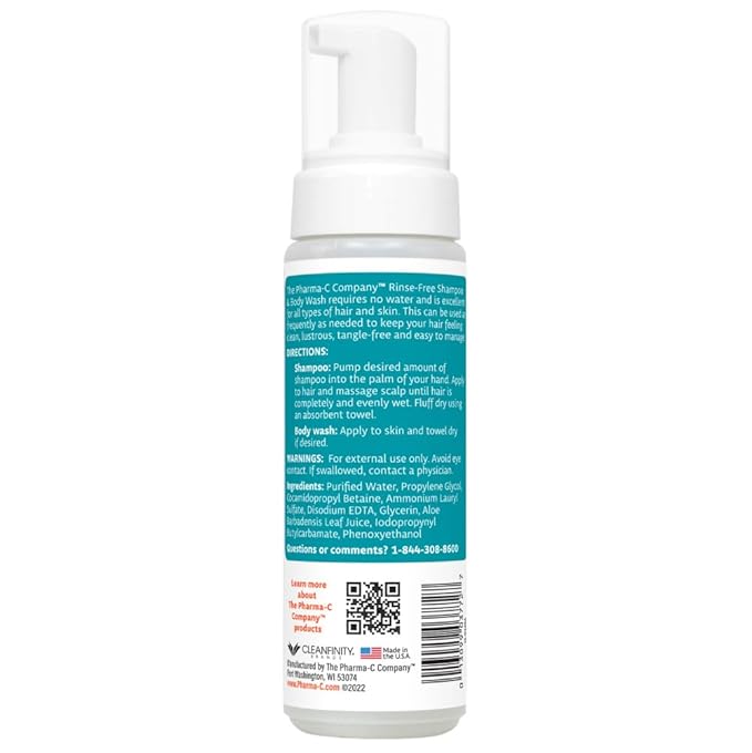 The Pharma-C Company Foaming Rinse Free Shampoo & Body Wash [1 pack] - Waterless - Hospital Tested Gentle No-Rinse Formula Leaves Hair & Body Fresh & Clean (Fragrance & Dye Free)