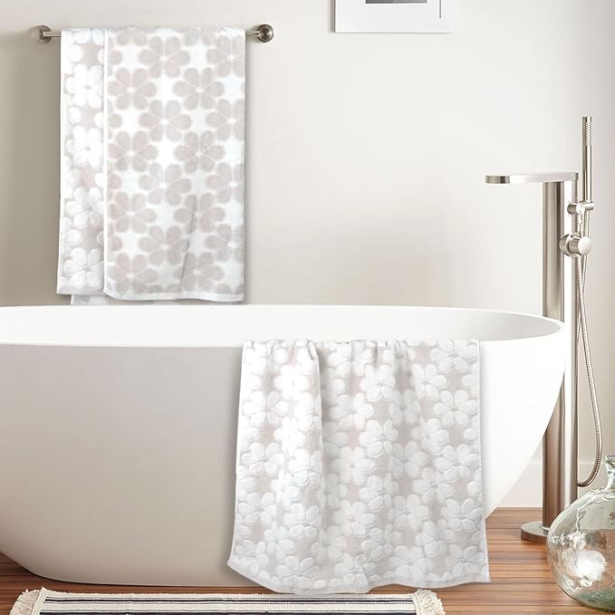Jacquotha Soft Bath Towels 2 Pack, Super Absorbent Shower Towels 27.5x55 Inches, Cute Floral Jacquard Bathroom Set, Cotton, Light Beige