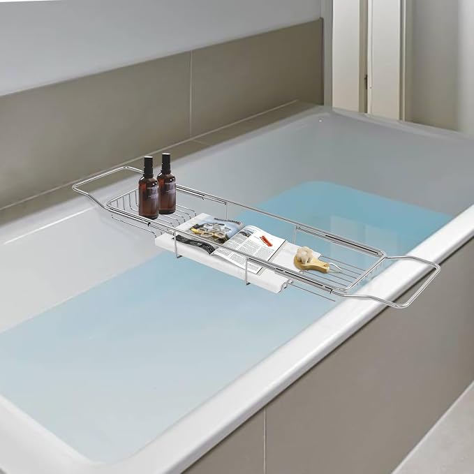 Expandable Bathtub Tray Caddy for Luxury Bath, Extra Wide Acrylic Tub Tray with Natural Marble Board, Waterproof Bath Tub Shelf for Phone, Wine, Book, Tablet Stand - Ideal Home Spa (Silver, White)