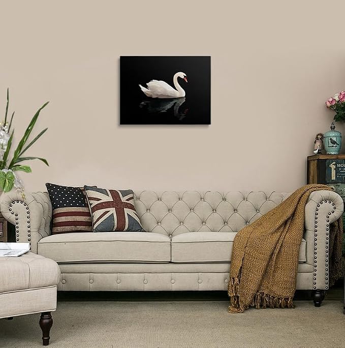 Black and White Swan on Water Canvas Wall Art Framed Print Painting Elegant Bird Wall Decor Artwork Poster Minimalist Modern Serene Nature for Living Room Bedroom Home Office Decor 12x16 Inches