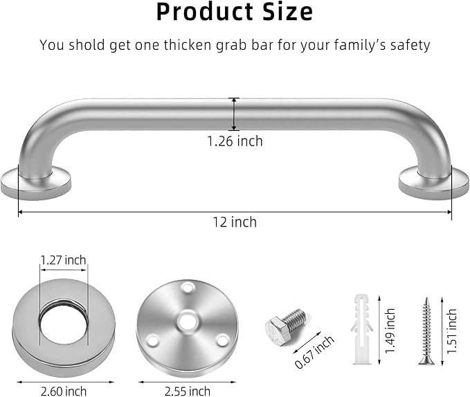 Brushed Nickel Grab Bars for Shower Safety, 12" x 1-1/4", 2-Pack | 500 lbs Weight Capacity, 304 Stainless Steel, Wall Mounted with Concealed Screws, Shower Handle for Seniors Elderly Disabled