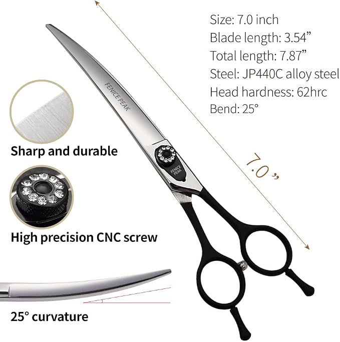 Dog Grooming Curved Scissors for Pets, Japan 440C Stainless Steel, Sharp Blade, Suitable for Beauticians (7.0 Inch)
