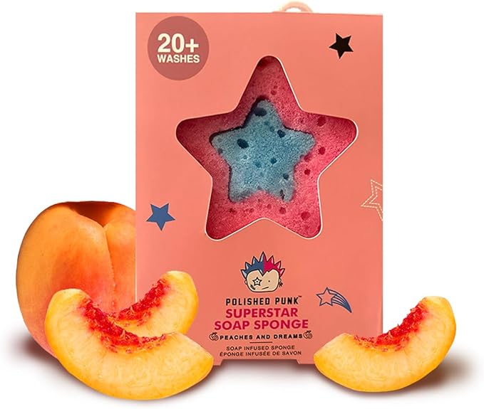 All-Natural Soap-Infused Sponge for Kids and Tweens Body Wash, Gentle on Skin, 20+ Uses (Peaches and Dreams)
