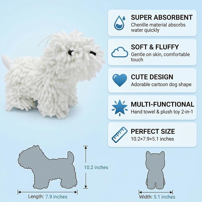 Cute Dog Chenille Hand Towel, 3D Puppy Hangable Fuzzy Ball Hand Towel Microfiber Super Soft Absorbent Bathroom & Kitchen Towels with Hanging Loop, Can Be Placed on the Sink Countertop (White & Pink)