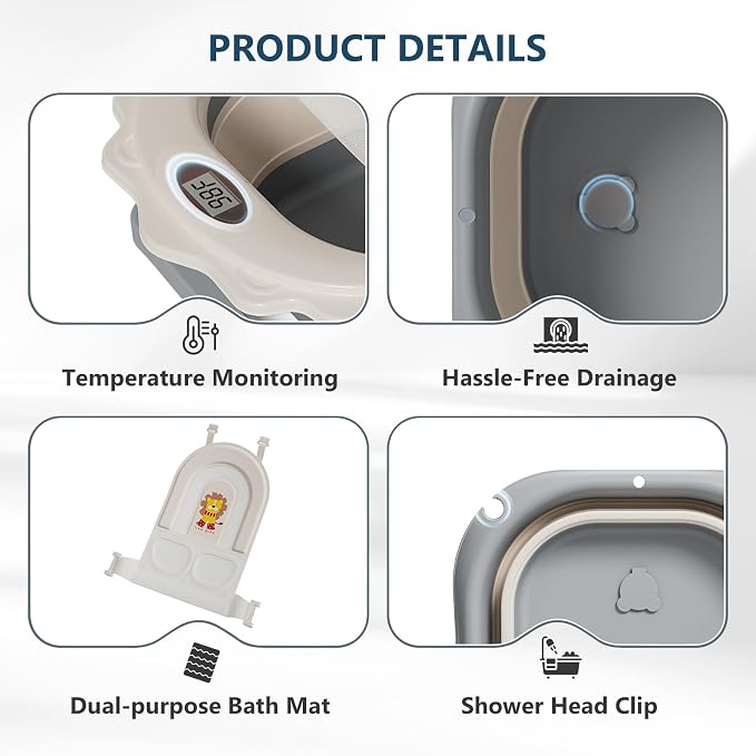 MoreFeel Foldable Baby Bathtub with Thermometer - 4-in-1 Grow-with-Me Collapsible Infant Tub (Newborn to Toddler) with Adjustable Mesh Sling - Space Saving Design