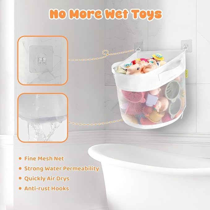 Bath Toy Storage, 4.15 Gallons Bath Toy Holder Wall-Mounted Shower Caddy Bottom Zipper Bathtub Toys Storage Mesh Organizer Bag, Quick Access Baby Shower Games Toys Organizer Accessory White (L)