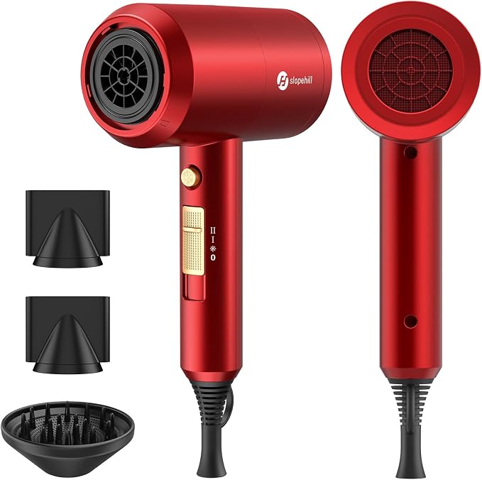 Slopehill Professional Ionic Hair Dryer, Powerful 1800W Fast Drying Low Noise Blow Dryer with 2 Concentrator Nozzle 1 Diffuser Attachments for Home Salon Travel (Agate Red)