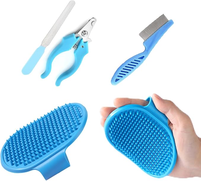 8PCS Dog Bath Supplies Set，Dog Washing Gloves，Shampoo Brush, Bath Supplies Set，Shedding Slicker Brush，Complete Pet Grooming Kit for Dog&Cat and Small Animal Grooming(8PCS-Bath-Blue)
