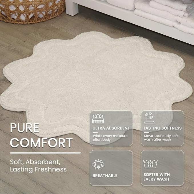 Home Weavers Allure Collection 100% Cotton Round Bath Rug, Soft & Absorbent Circular Bathroom Mat, Spray Latex Backing, Quick Dry, Machine Washable Bath Rug for Floor, Tub & Shower, 30" Round, Ivory