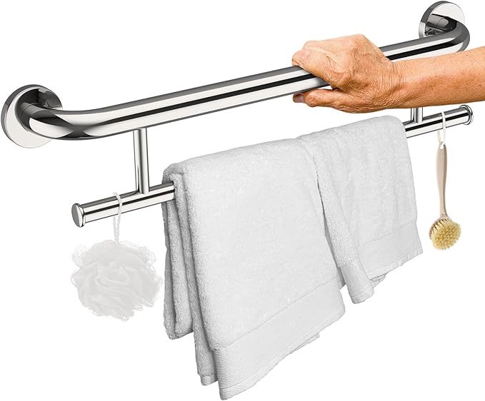 Polished Chrome Grab Bar 24 Inch w/Towel Holder, iHansee Stainless Steel Towel Rack Shower Support Balanced Support Handle, Wall Mount Safety Handrail Grab Rail for Elderly Senior Handicap Disabled