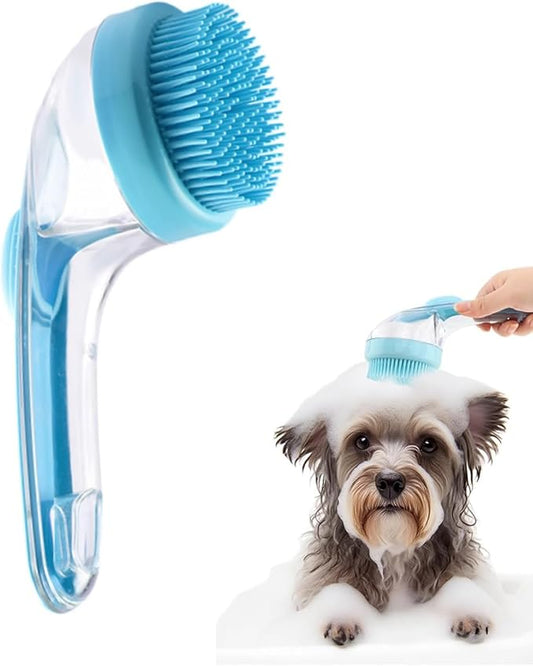 Dog Bath Brush, 2 in 1 Pet Grooming Bath Massage Brush with Soap and Shampoo Dispenser Soft Silicone Bristle Dog Scrubber for Long Short Haired Dogs Cats Shower-Blue
