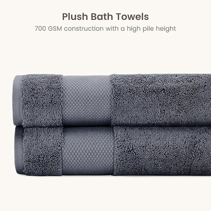 BIOWEAVES 100% Organic Cotton 700 GSM Plush Bath Towels 30" x 58" GOTS Certified - Charcoal, Pack of 2