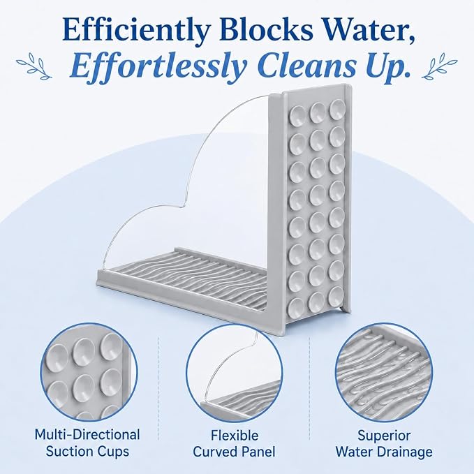 Splash Guard for Bathtub, 2-Piece Shower Splash Guard with Clear Acrylic Panel & Silicone Base, No Adhesive Shower Water Guard for Tub Corner, Shower Guards to Keep Water in Shower (Gray)