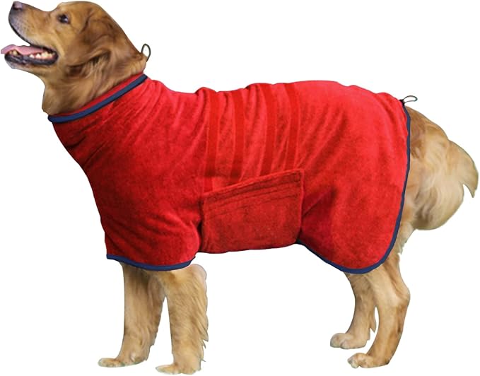 Dog Drying Coat - Fast Drying Dog Towel Robe - Microfiber Super Absorbent Pet Bathrobe, Adjustable Collar & Belly Strap Fast Drying Bath Robe Towel (Medium, Red)
