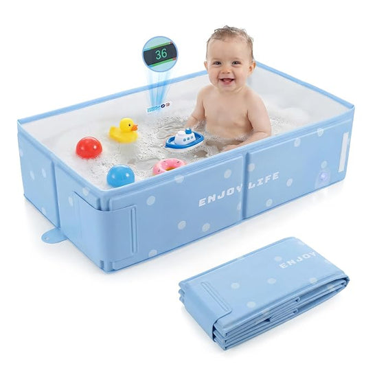 Orzbow Toddler Bathtub with Temperature Sticker, Collapsible Baby Bathtub with Side Drain Plug, Portable Bath Tub for Infant 6 Months+, Easy to Clean, Stable & Durable, Folds to Store, Blue