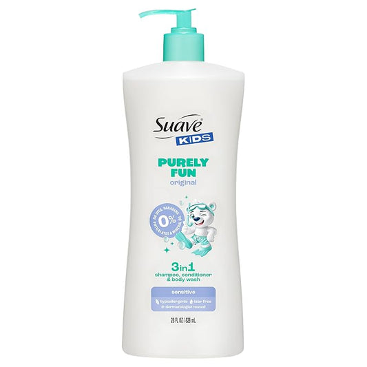 Suave Kids Purely Fun 3 in 1 Shampoo, Conditioner & Body Wash, Original Clean Scent, Hypoallergenic, Tear-Free Formula, Dermatologist Tested, 28 FL OZ