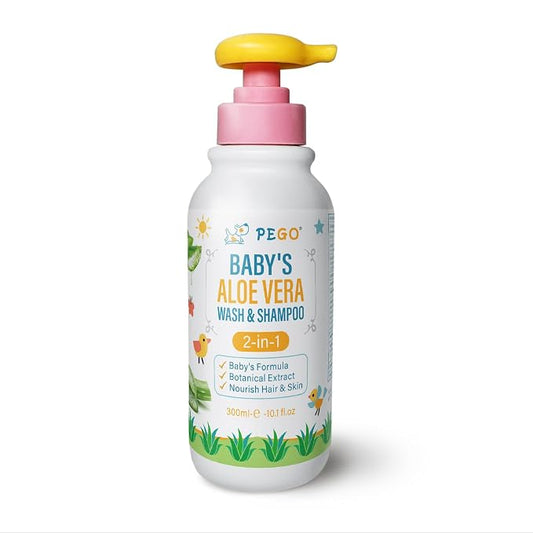 PEGO Baby Shampoo & Body Wash 2-in-1 with Aloe Vera & Vitamin B5, Gently Cleanses Newborn's Delicate Skin & Hair, Hypoallergenic, Safe for Baby, Toddler, Kids & Family 300ml/10.1fl.oz