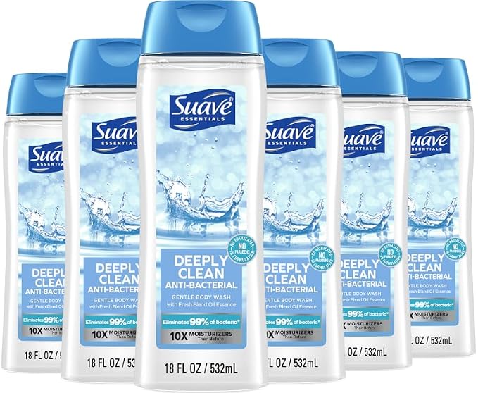 Suave Deeply Clean Antibacterial Body Wash with Glycerin & Vitamin E, Moisturizing Skin Cleanser For Soft, Smooth Skin, Long Lasting Scent, Paraben Free, 18 fl oz, 6 Count