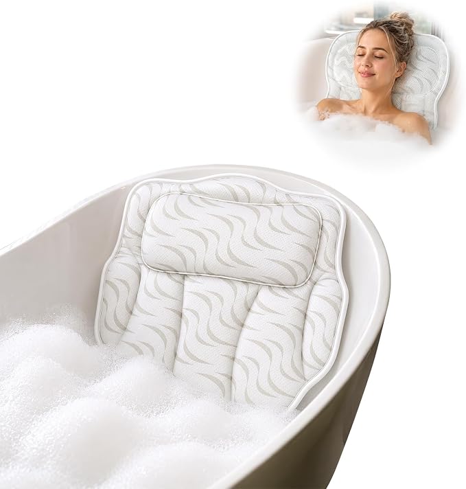 Wavy 4D Air Mesh Bath Pillow for Tub Neck and Back Support | Includes 6 anti-slip suction cups and a built-in hook for quick drying. Excellent ergonomic spa accessories gift for adults.