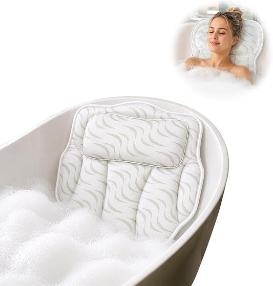 Wavy 4D Air Mesh Bath Pillow for Tub Neck and Back Support | Includes 6 anti-slip suction cups and a built-in hook for quick drying. Excellent ergonomic spa accessories gift for adults.