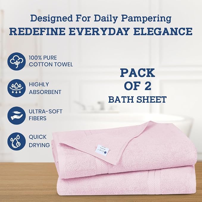 Casa Lino Bath Sheets Set Extra Large - 100% Cotton Extra Large Bath Towels - Highly Absorbent & Quick Dry Oversized Towels for Adults - 36"x72" - Pack of 2 - (Blush Pink)