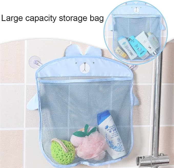 Mesh Bath Toy Storage, The Bath Toy Holder for Bathtub Toys & Bathroom Organizer Bag，Compatible with Bath Toy Storage,with Two Complimentary Suckers (Blue Bear)