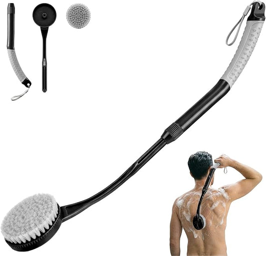 Back Scrubber for Shower, Long Handle Bath Brush with Soft Bristles, Adjustable Shower Brush for Body Exfoliating & Dry Brushing, Non-Slip Ergonomic Handle, Removable Head for Men & Women