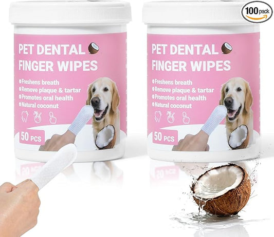 Teeth Cleaning Wipes for Dogs & Cats, Natural Formula Dog Finger Toothbrush Wipes Remove Plaque & Tartar Buildup, No-Rinse Disposable Dog Dental Care Finger Wipes(100 PCS)