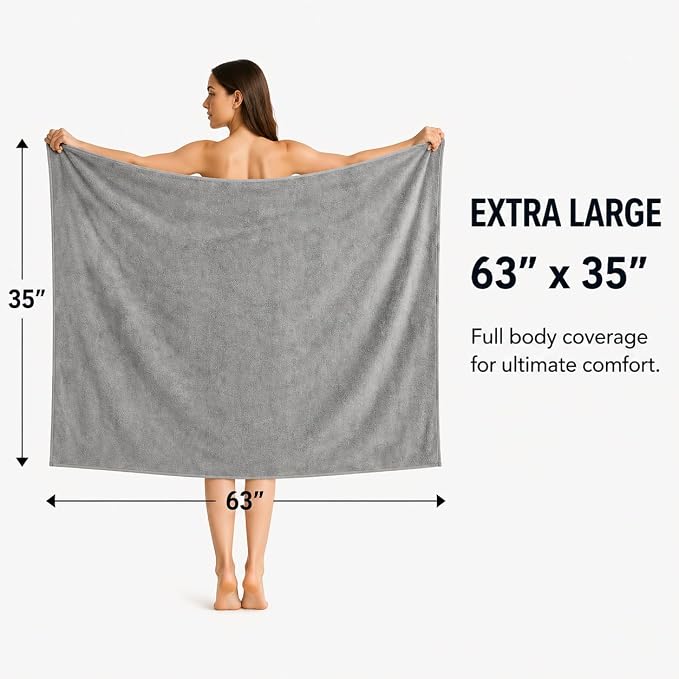 SEISSO 4 Pack Extra Large Bath Towels 63"x35", Bath Sheets for Sensitive Skin 70% Polyester 30% Viscose Fiber from Bamboo, Super Soft, Highly Absorbent & Quick Dry, Oversized (4, Light Grey)