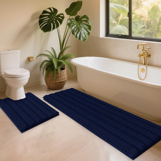 ACCUMTEK Striped Navy Blue Toilet Bathroom Rug Mat Set 2 piece Rug Ultra Soft, Non Slip Chenille Bath Rugs, Absorbent Plush Shaggy Bath Mats for Bathroom, Bedroom, Kitchen, Shower, Tub