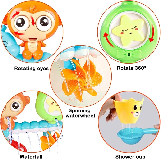 G-WACK Bath Toys for Toddlers Age 1 2 3 Year Old Girl Boy, Preschool New Born Baby Bathtub Water Toys, Durable Interactive Multicolored Infant Toy, Lovely Monkey Caterpillar,Strong Suction Cups Blue