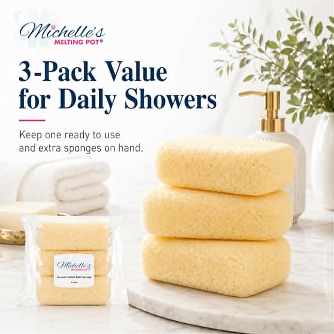 Michelle's Melting Pot Foam Bath Sponge Shower Sponge 3 Count (Smooth Yellow)