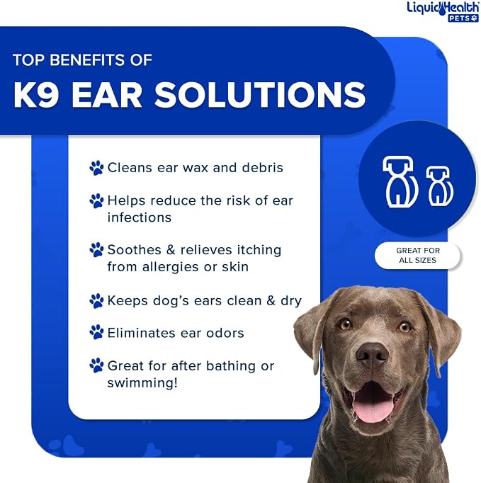 LIQUIDHEALTH Pets K9 Dog Ear Cleaner Wash Solutions - Infection Cleaning Hygiene Treatment Liquid Drops for Dogs, Canines, Puppies - for Use After Swimming or Bathing - Made in the USA (8 oz, 1Pack)